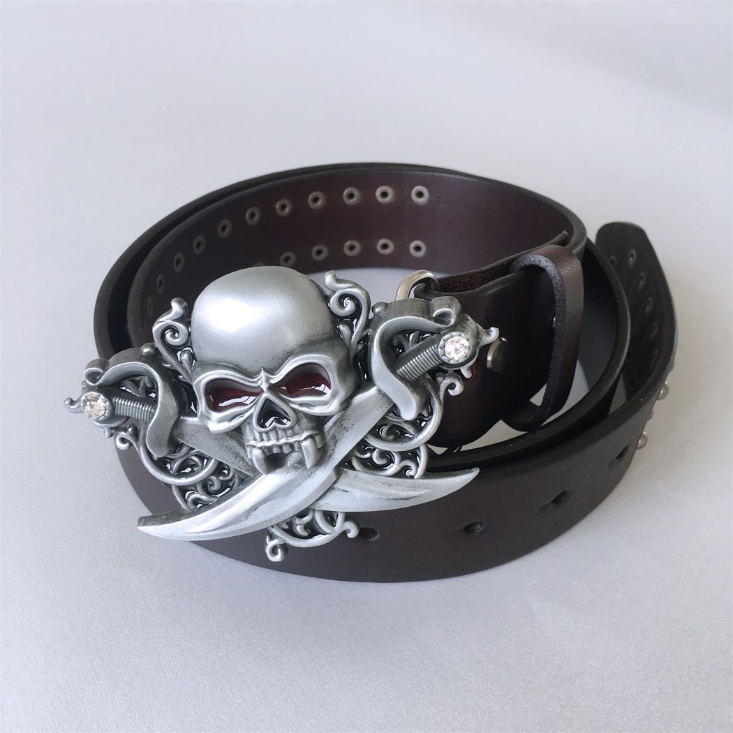 New Leather Belt | Emo Gothic Skull Brown Studded Genuine Leather Belt