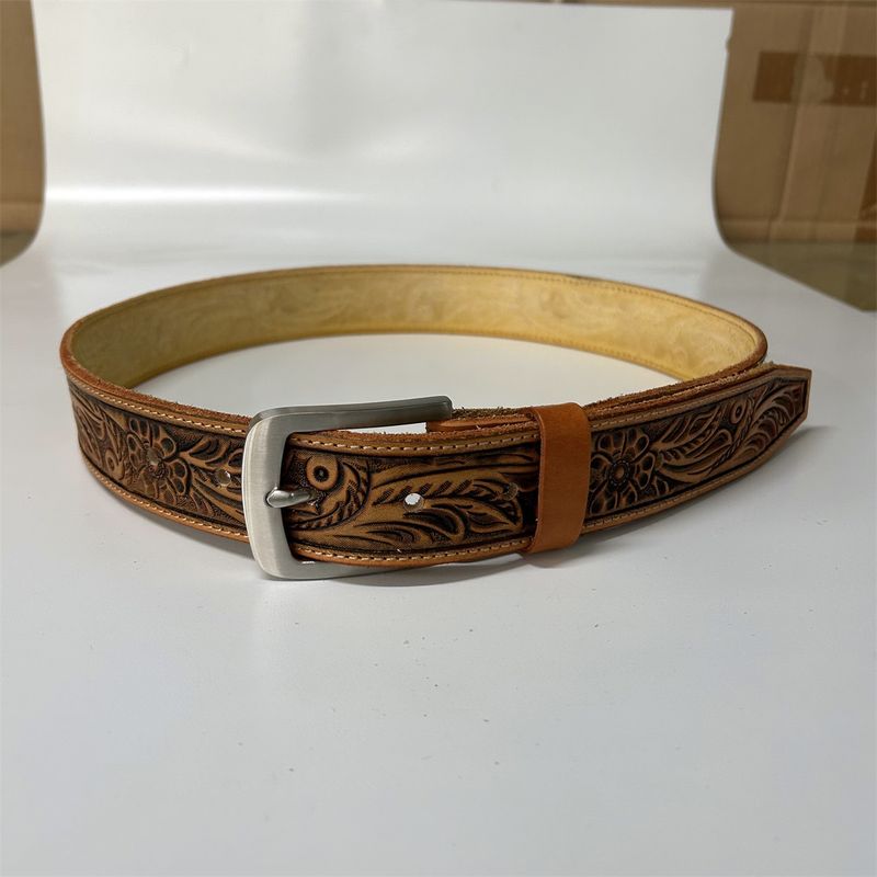 Hand Crafted Western Flowers Solid Genuine Leather Belt With Stainless Steel Pin Buckle BELT1-003LW-SS001