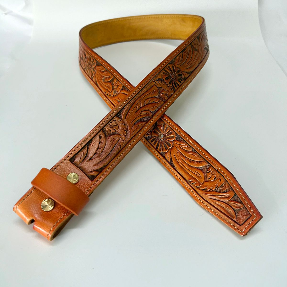 Light Coffee Hand Crafted Western Flowers Solid Real Leather Belt With Brass Screws BELT1-003LW
