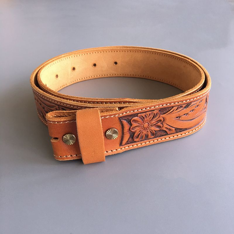 Light Coffee Hand Crafted Western Flowers Solid Real Leather Belt With Brass Screws BELT1-003LW