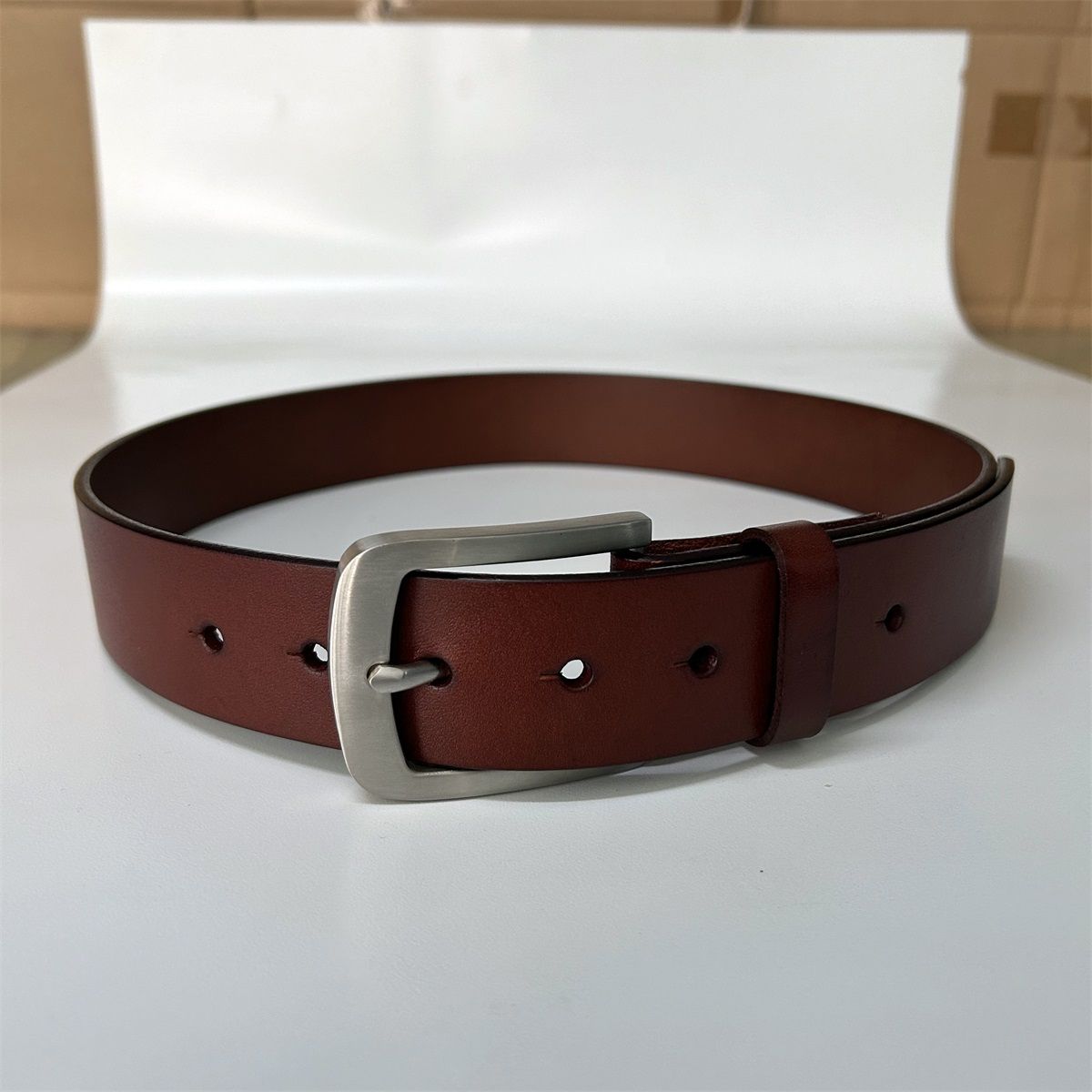 Brown Solid Genuine Leather Belt With Stainless Steel Pin Buckle BELT1-014ZW-SS001