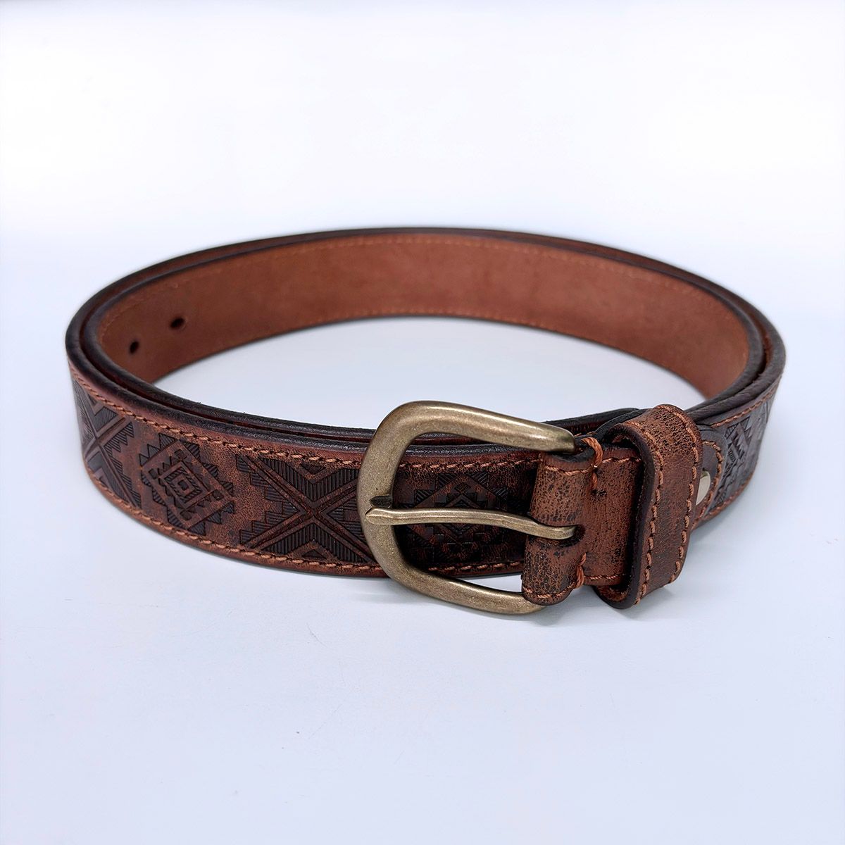 Western Southwest Laser Engrave Brown Genuine Leather Belt With Solid Brass Pin Buckle BELT1-027ZW