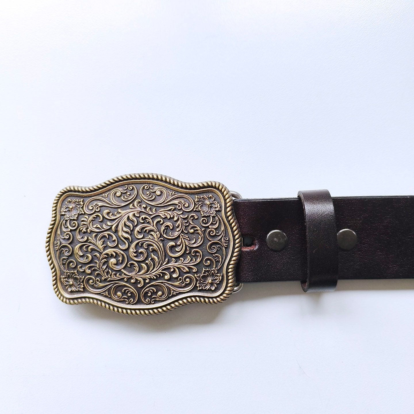 Bronze Plated Craft Flower Western Belt Buckle W Dark Coffee Color Genuine Leather Belt BELT-BW-WT142AB