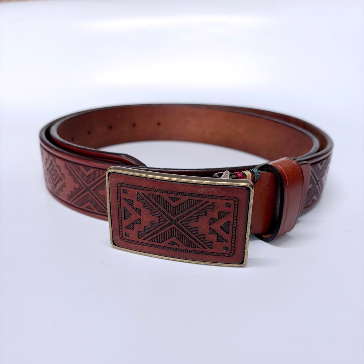 Western Southwest Laser Engrave Brown Genuine Leather Belt With Solid Brass Buckle BELT1-028ZW