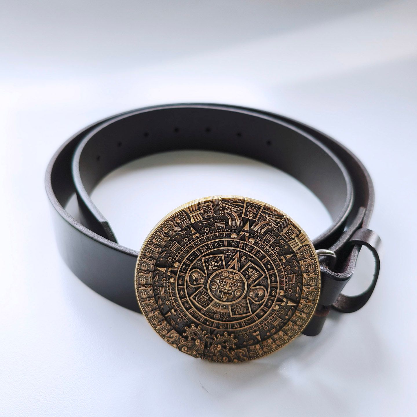 Bronze Plated Aztec Calendar Round Belt Buckle W Dark Coffee Color Genuine Leather Belt BELT-BW-WT126AB