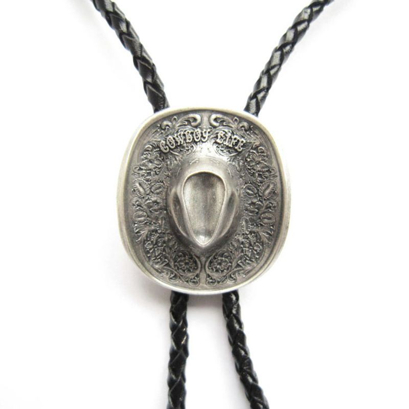 Vintage Silver Plated Western Cowboy Boots Cap Wedding Bolo Tie Leather Necklace BOLOTIE-007SL