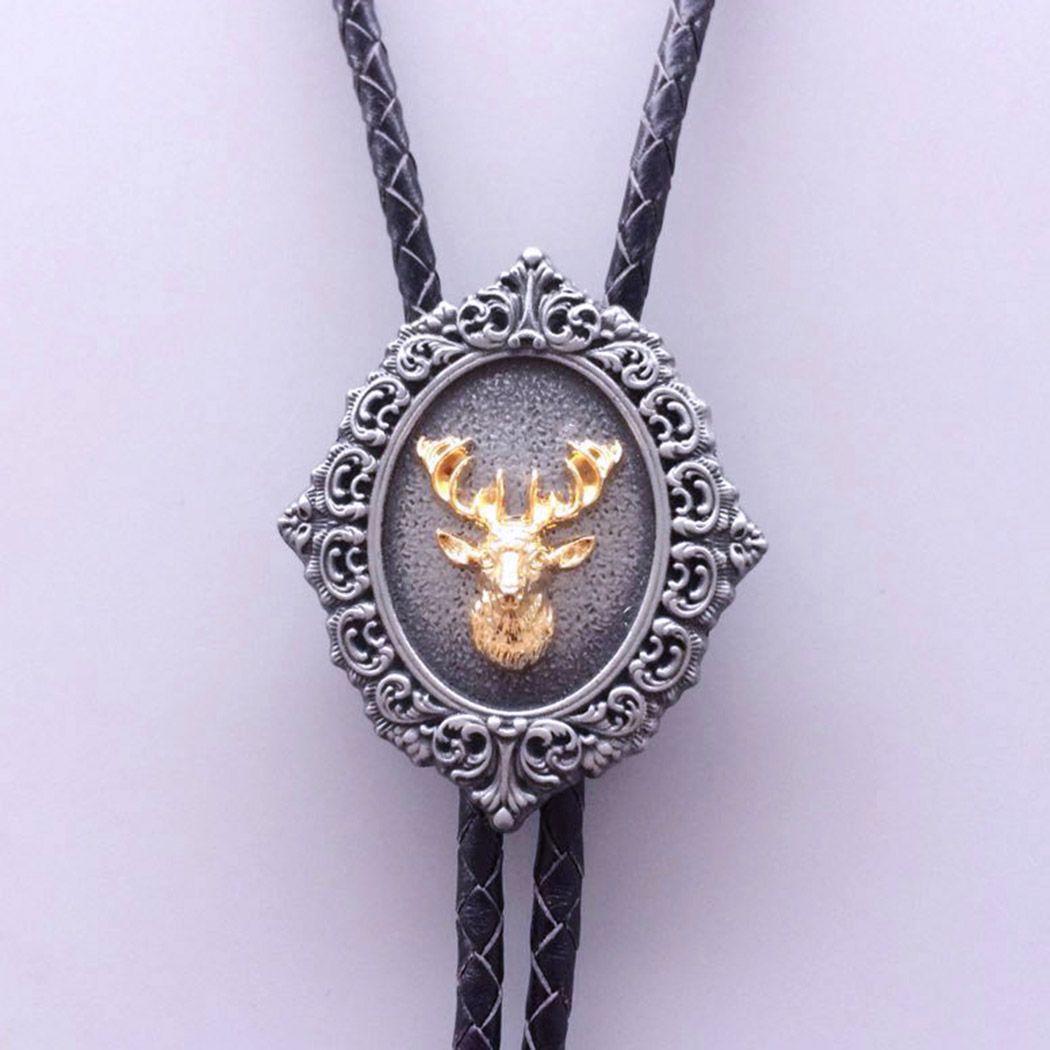 Vintage Western 3D Deer Wedding Bolo Tie Leather Necklace Necktie BOLOTIE-005