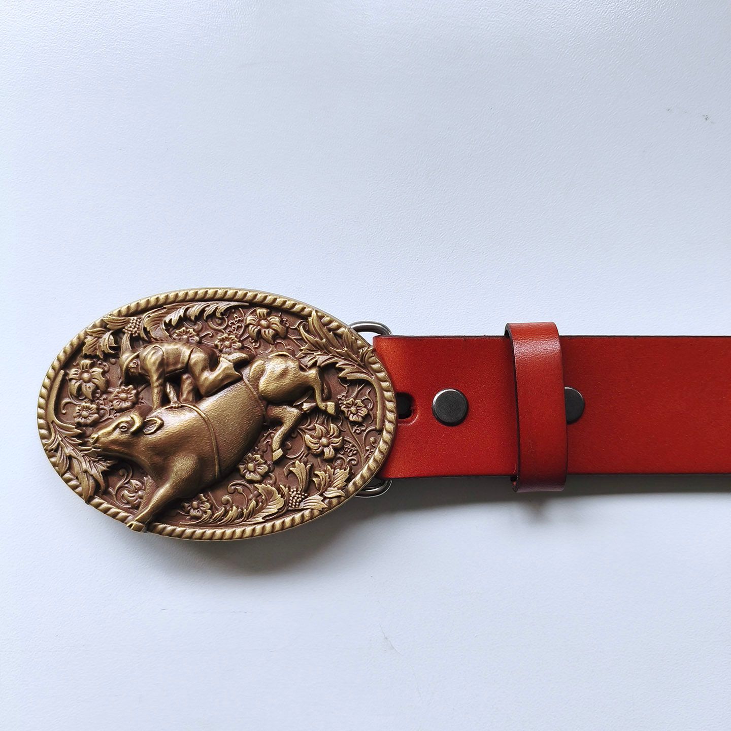 Bronze Plated Rodeo Bull Oval Belt Buckle W Brown Genuine Leather Belt G��rtel