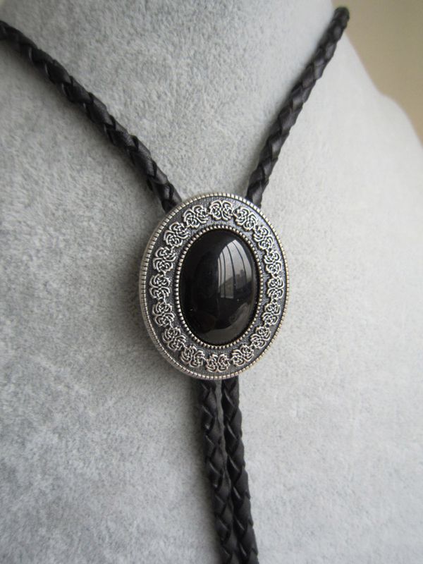 Vintage Silver Plated Small Size Black Obsidian Stone Oval Bolo Tie Leather Necklace BOLOTIE-009SL