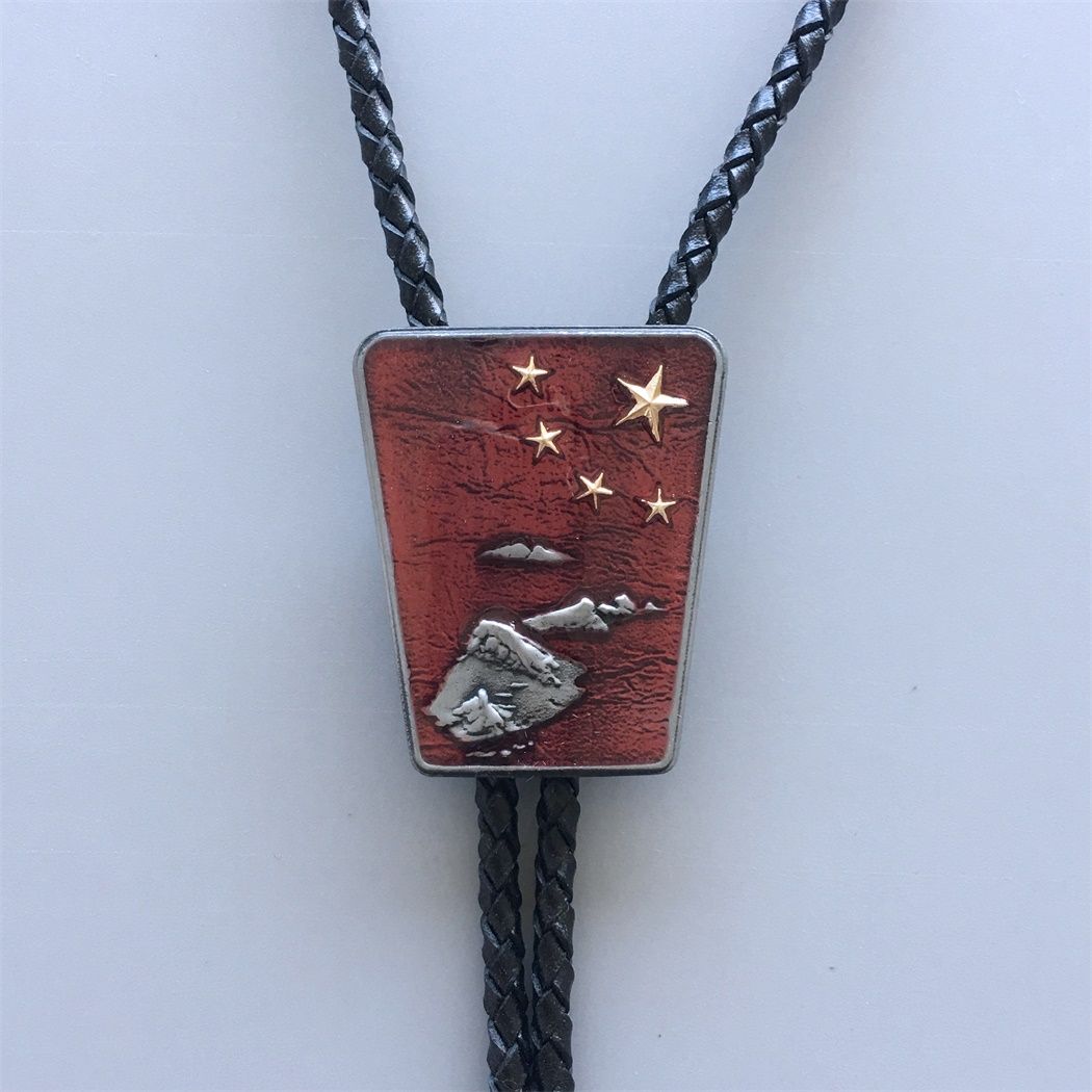 Vintage Red Enamel Nation Native Flag Gold Star Bolo Tie Leather Necklace BOLOTIE-008RD