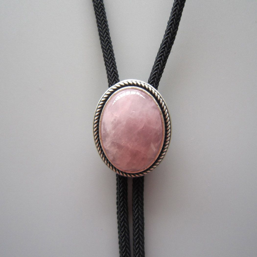 Vintage Silver Handcraft Nature Lotus Rose Quartz Stone Oval Bolo Tie BOLOTIE-039