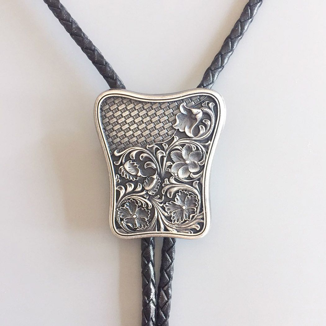 Vintage Silver Carving Braided Flowers Western Bolo Tie Necklace BOLOTIE-023