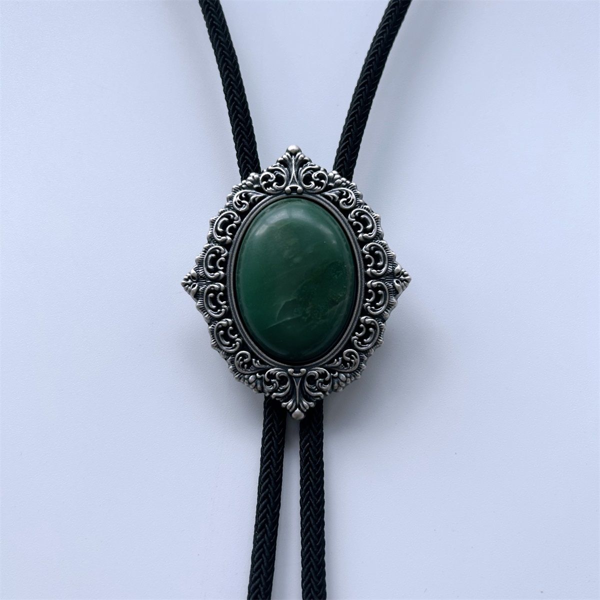 Vintage Silver Nature Green Stone Magic Mirror Bolo Tie BOLOTIE-079LY