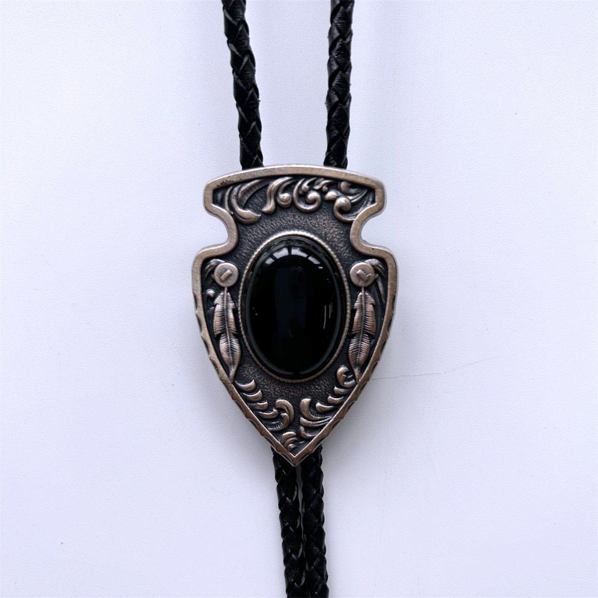 Vintage Silver Arrow Nature Black Obsidian Stone Bolo Tie BOLOTIE-020BK