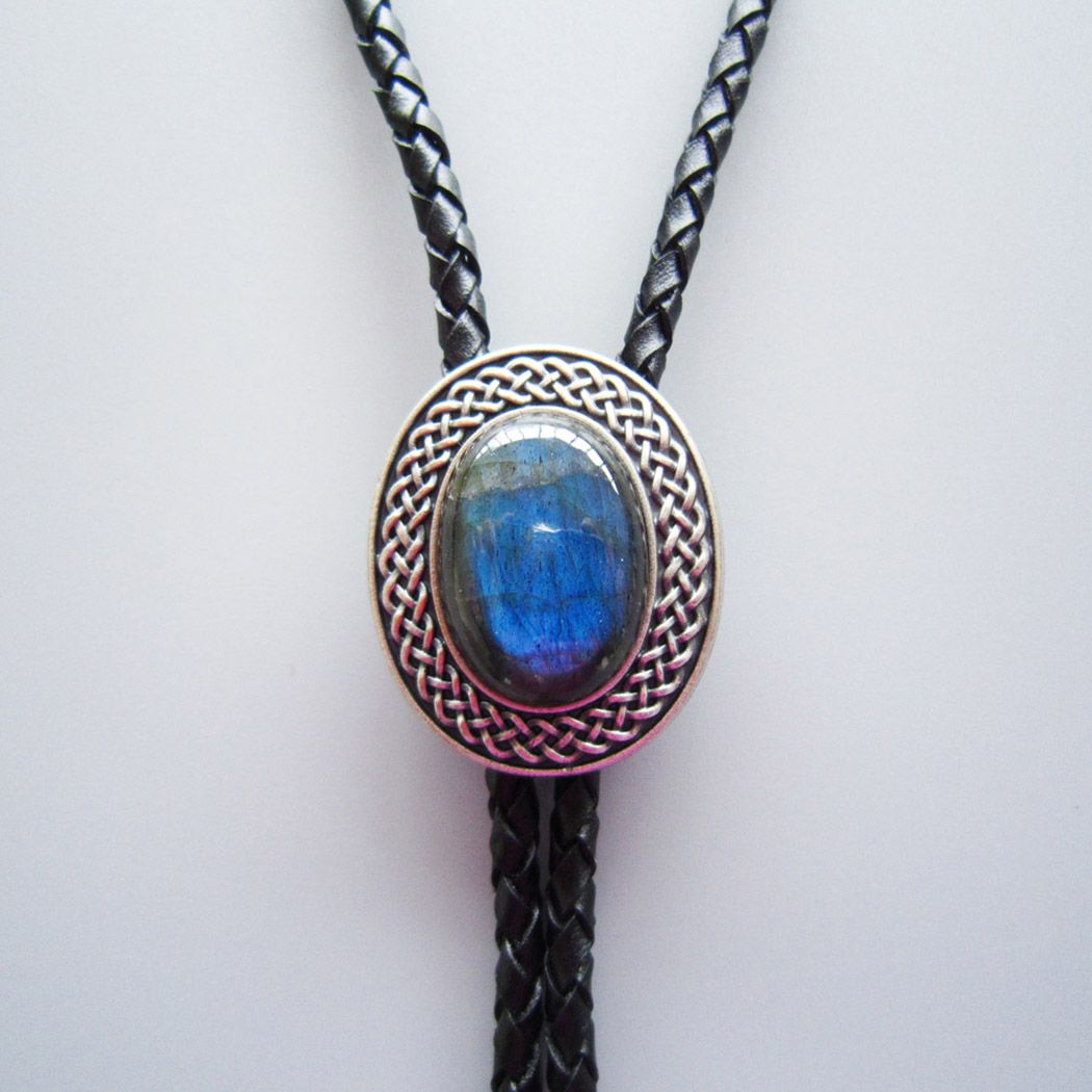 Vintage Silver Plated Handcraft Nature Blue Labradorite Stone Western Oval Bolo Tie BOLOTIE-027
