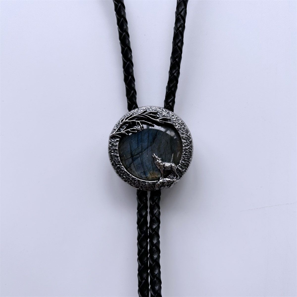 Wolf Handcraft Nature Labradorite Stone Round Wedding Men Bolo Tie BOLOTIE-048