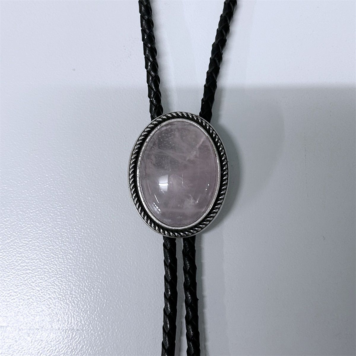 Handcraft Nature Lotus Rose Quartz Stone Oval Bolo Tie With Genuine Leather Rope BT-039SL