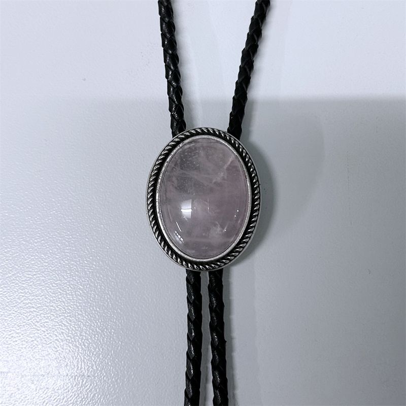 Handcraft Nature Lotus Rose Quartz Stone Oval Bolo Tie With Genuine Leather Rope BT-039SL