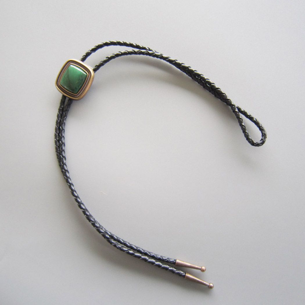 Antique Gold Plated Handcraft Nature ZA Greenstone Bolo Tie Necklace BOLOTIE-066
