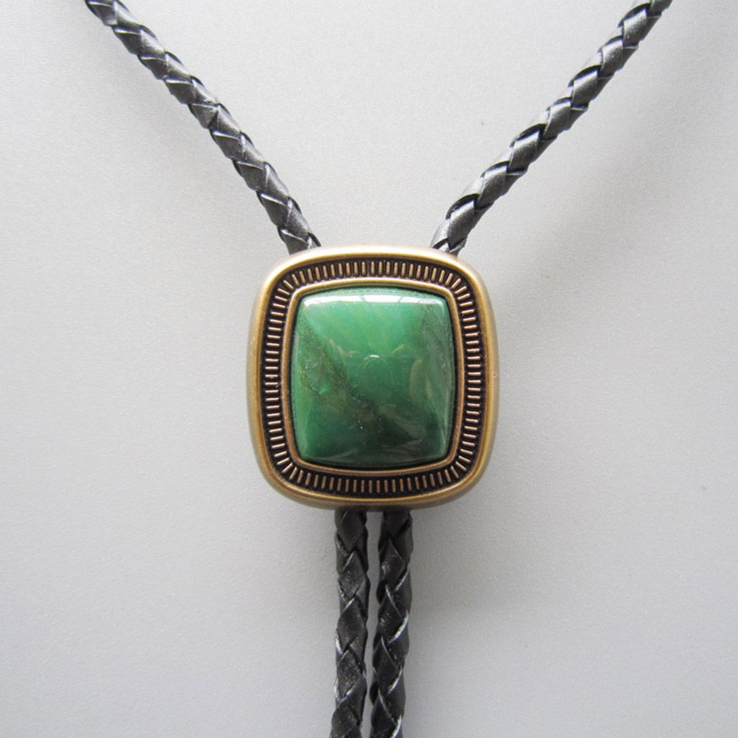Antique Gold Plated Handcraft Nature ZA Greenstone Bolo Tie Necklace BOLOTIE-066