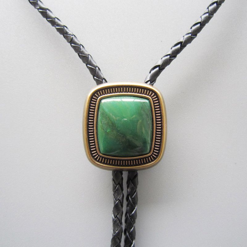 Antique Gold Plated Handcraft Nature ZA Greenstone Bolo Tie Necklace BOLOTIE-066