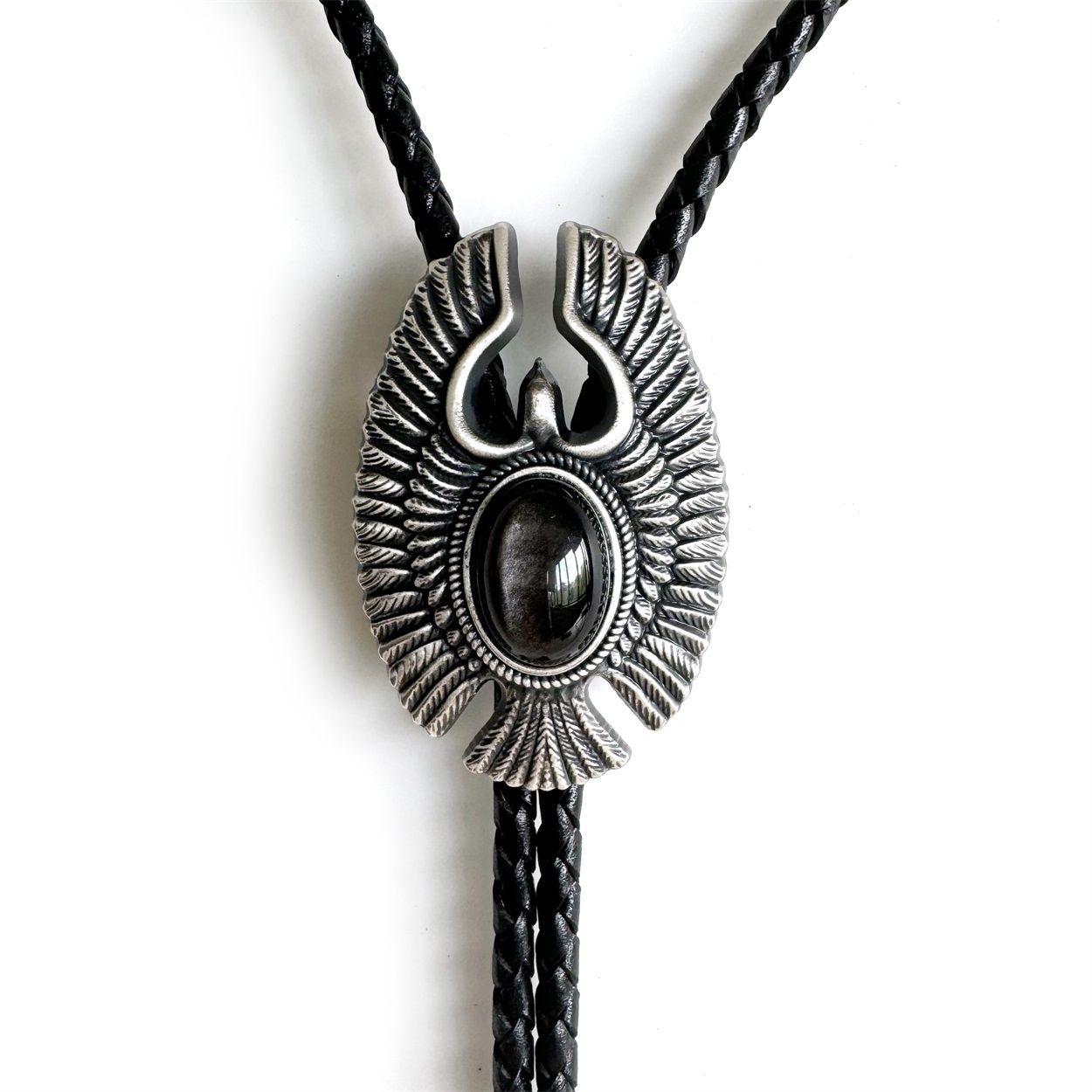 Vintage Silver Eagle Bolo Tie with Nature Silver Obsidian Stone BOLOTIE-080SO