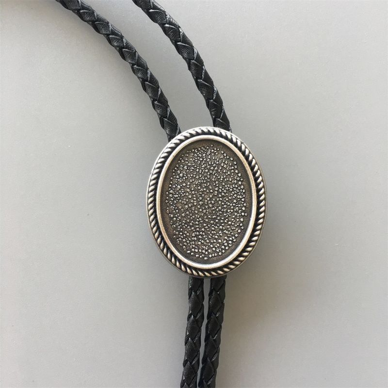 Vintage Silver Western Blank Oval Bolo Tie Leather Necklace BOLOTIE-BL005SL