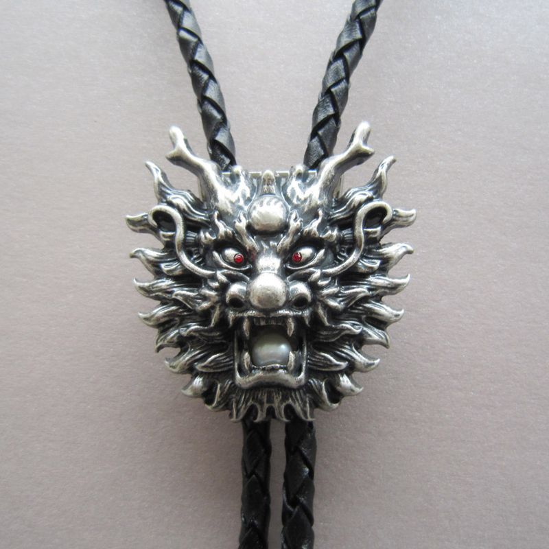 Vintage Silver Plated White Pearl Dragon Bolo Tie Leather Necklace BOLOTIE-AN005SL