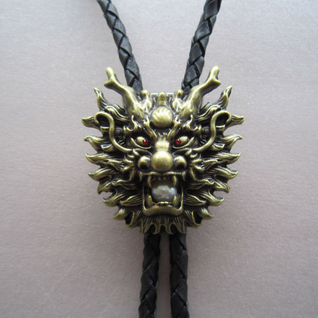 Vintage Bronze Plated Real White Pearl Dragon Bolo Tie Leather Necklace BOLOTIE-AN005AB