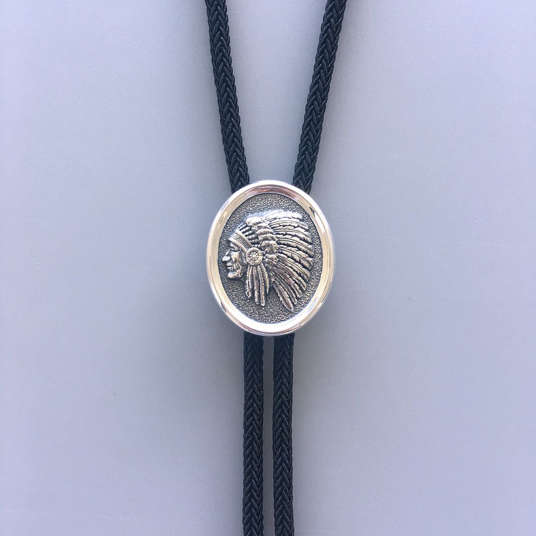 New Vintage Style Sterling Silver 925 Chief Bolo Tie With Sky Jewelry Fiber Rope BOLOTIE-S001SK