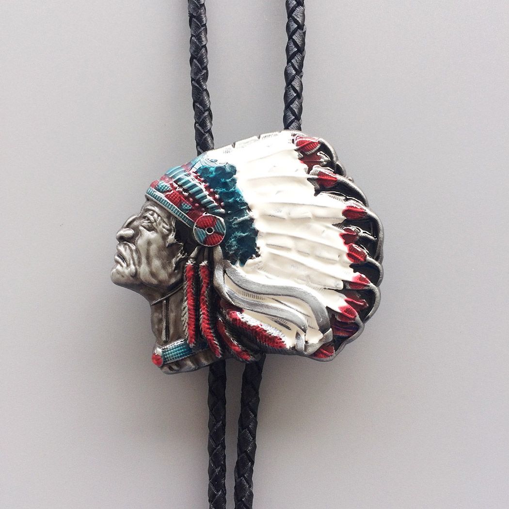 Vintage Enamel Western Chief Bolo Tie Wedding Leather Necklace BOLOTIE-WT073