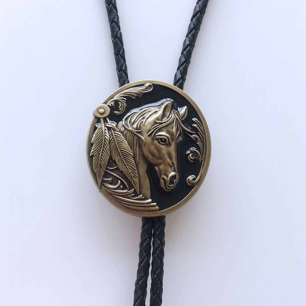 Antique Bronze Plated Western Horse Head Oval Bolo Tie Leather Necklace BOLOTIE-WT057AB