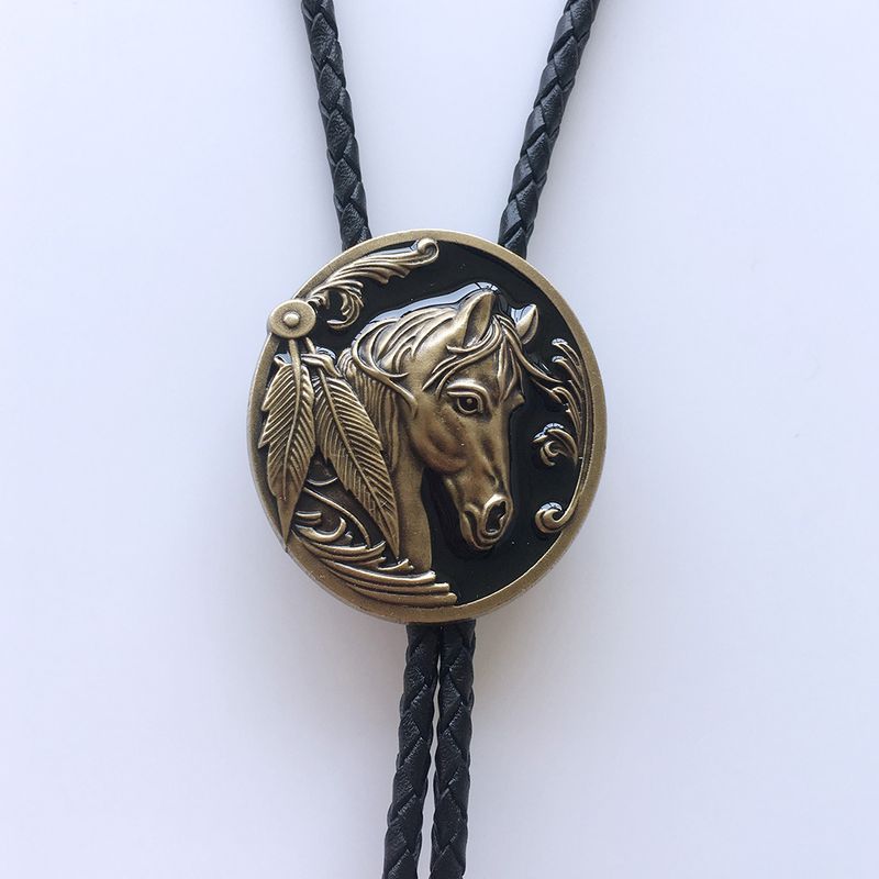 Antique Bronze Plated Western Horse Head Oval Bolo Tie Leather Necklace BOLOTIE-WT057AB
