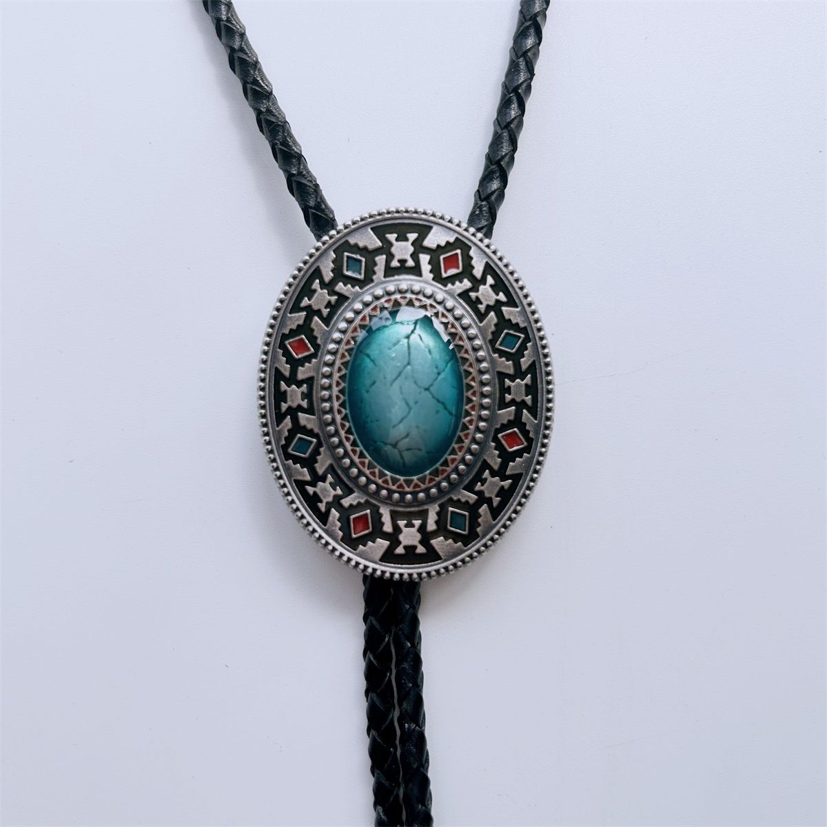 Vintage Silver Plated Oval Enamel American Native Southwest Patterns Bolo Tie BOLOTIE-WT102SL