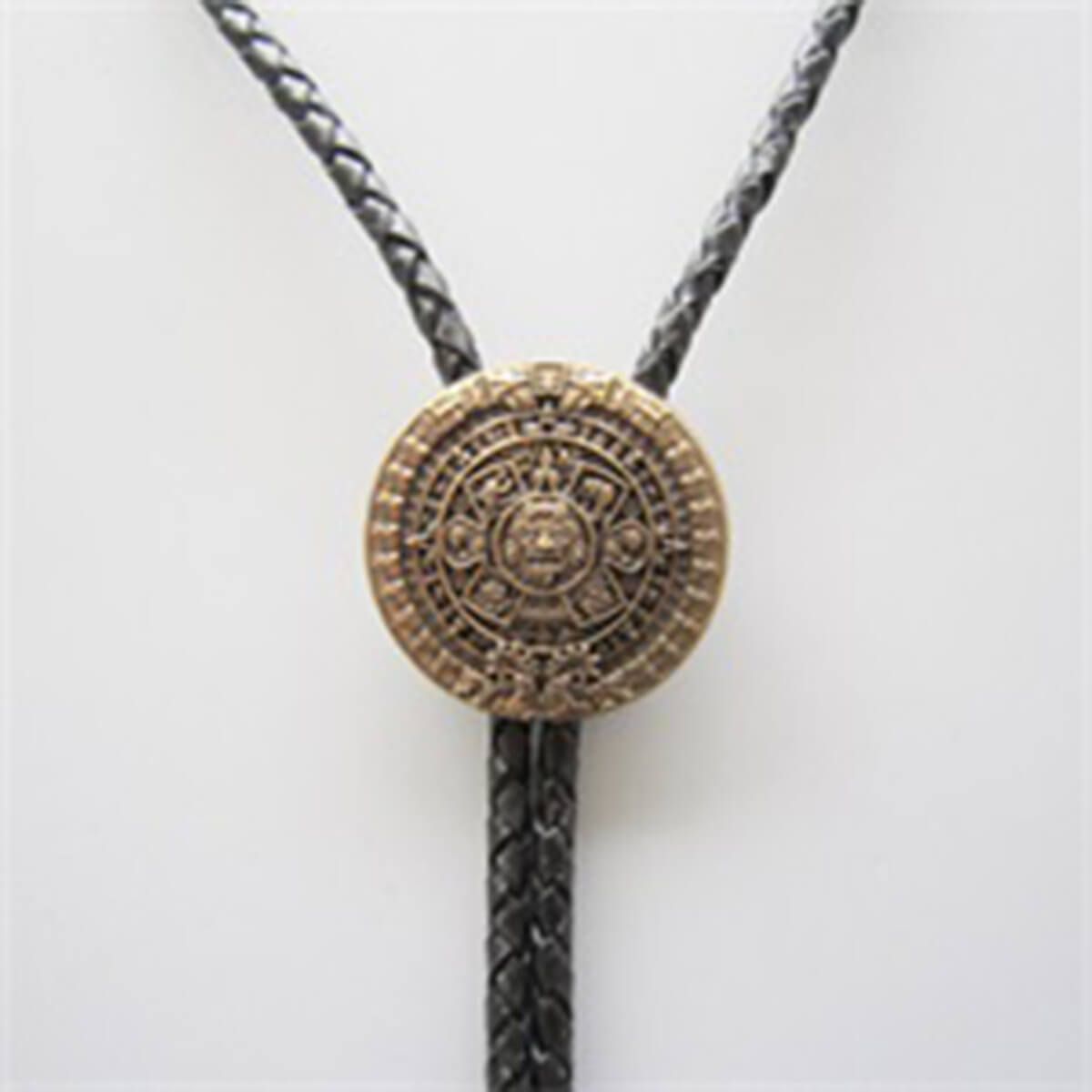 Antique Gold Plated Aztec Calendar Wedding Bolo Tie Leather Necklace BOLOTIE-WT126AG