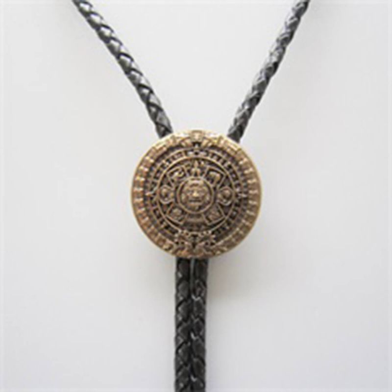 Antique Gold Plated Aztec Calendar Wedding Bolo Tie Leather Necklace BOLOTIE-WT126AG