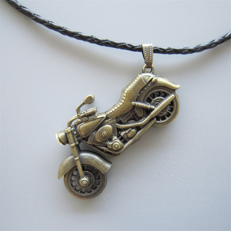 Antique Bronze Plated Motorcycle Rhinestone Spinner Metal Charm Pendant Leather Necklace NECKLACE-AT058AB
