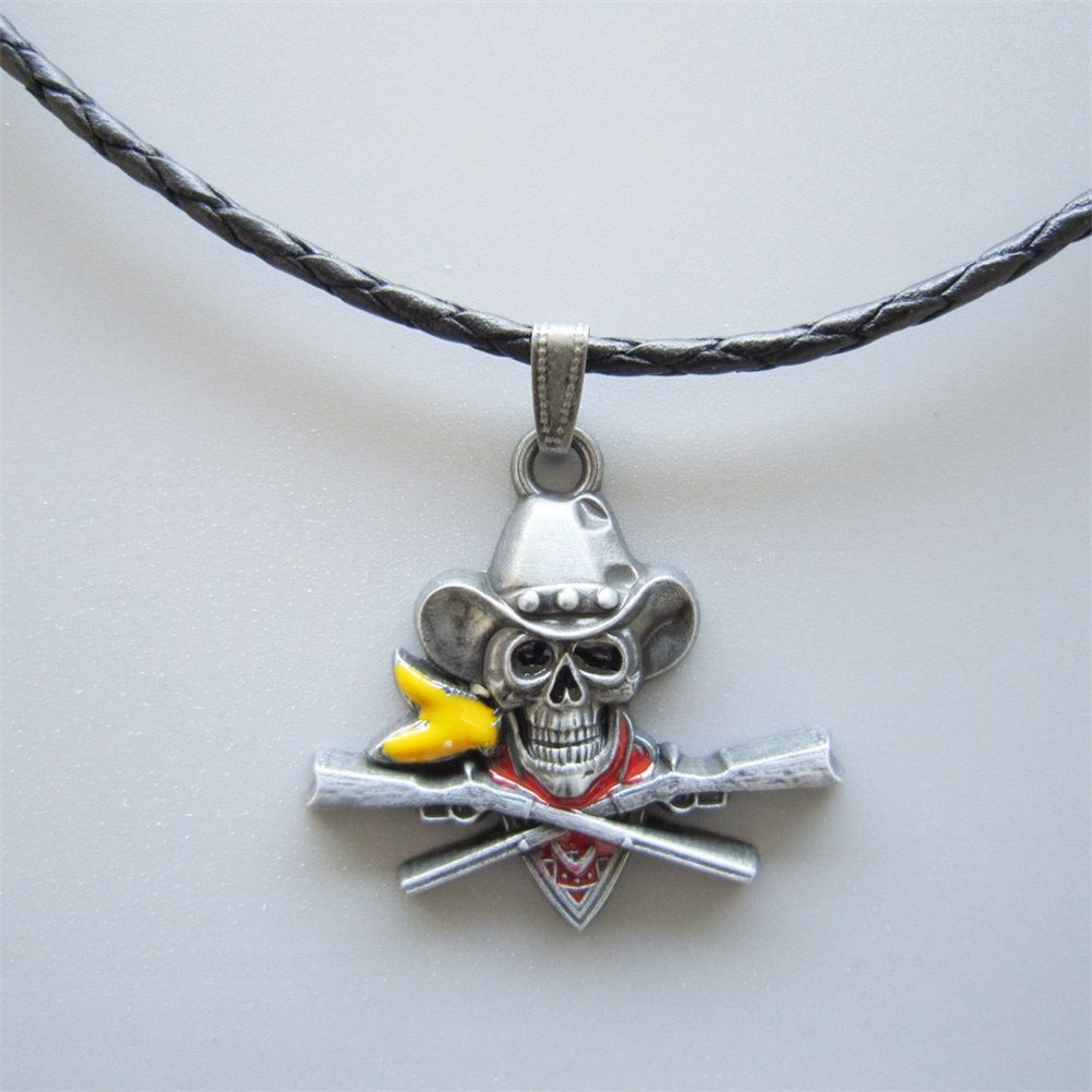 Skull Pirate Cowboy Western Metal Charm Pendant Leather Necklace NECKLACE-SK036