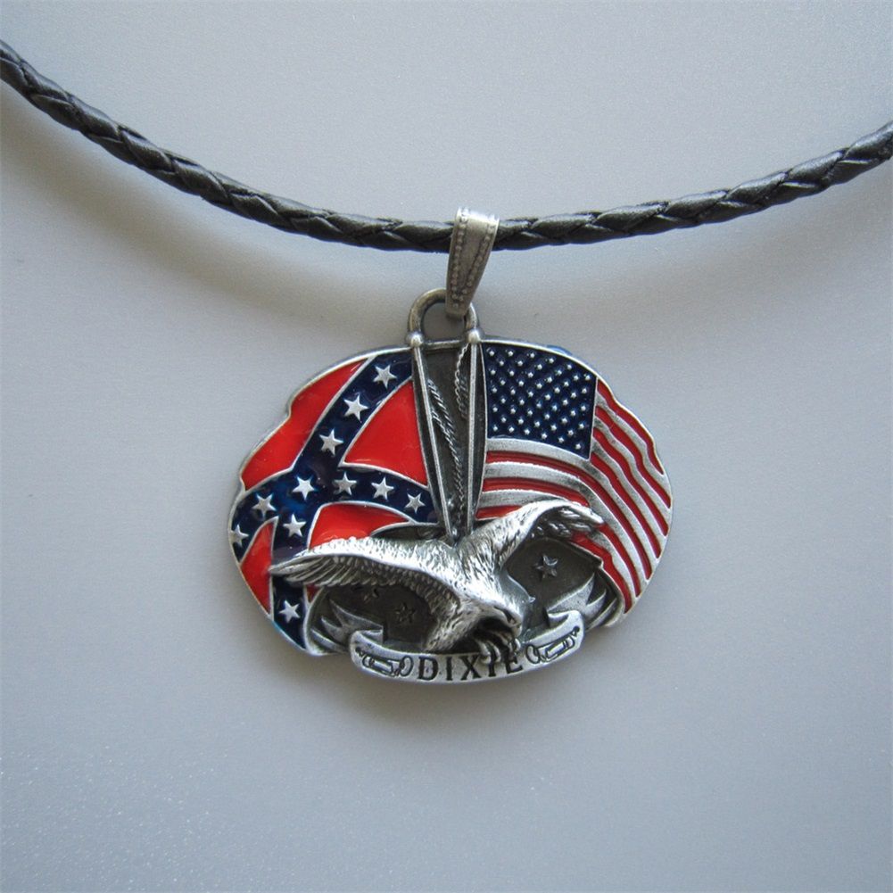 Vintage Eagle With Flag Cross Star Metal Charm Pendant Leather Necklace