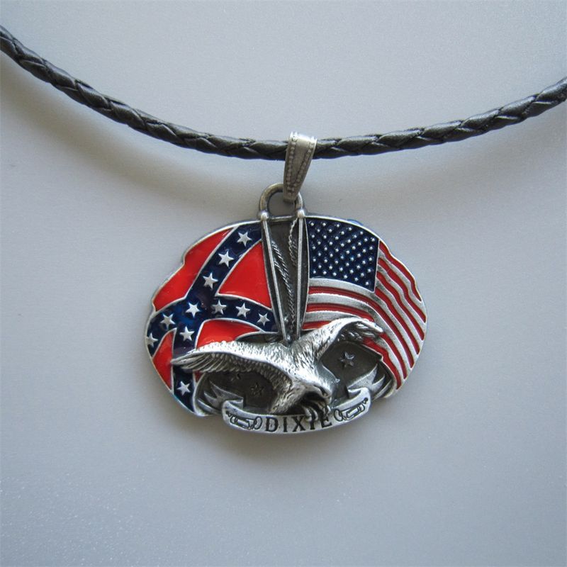 Vintage Eagle With Flag Cross Star Metal Charm Pendant Leather Necklace NECKLACE-WT080