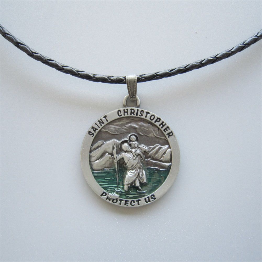 Saint Christopher Metal Round Charm Pendant Religion Leather Necklace NECKLACE-OC035