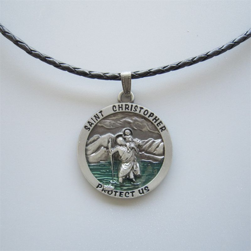 Saint Christopher Metal Round Charm Pendant Religion Leather Necklace NECKLACE-OC035