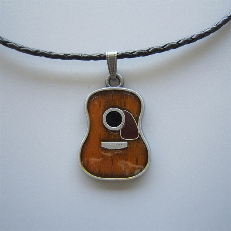 Guitar Music Metal Charm Pendant Leather Necklace NECKLACE-MU071