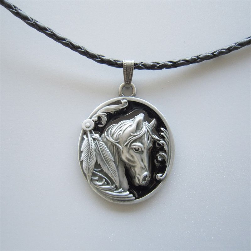 Black Enamel Western Horse Oval Metal Charm Pendant Leather Necklace NECKLACE-WT057BK
