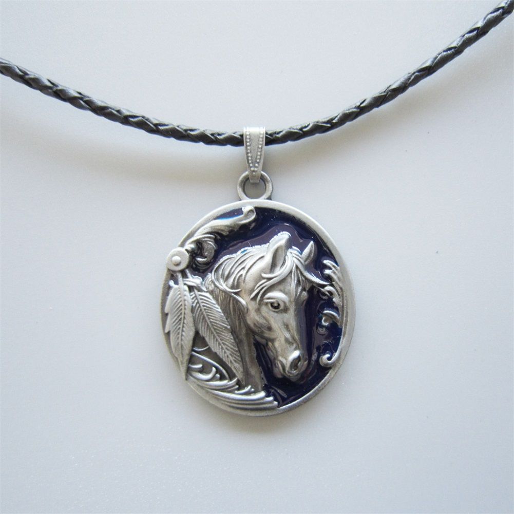 Blue Enamel Western Horse Oval Metal Charm Pendant Leather Necklace