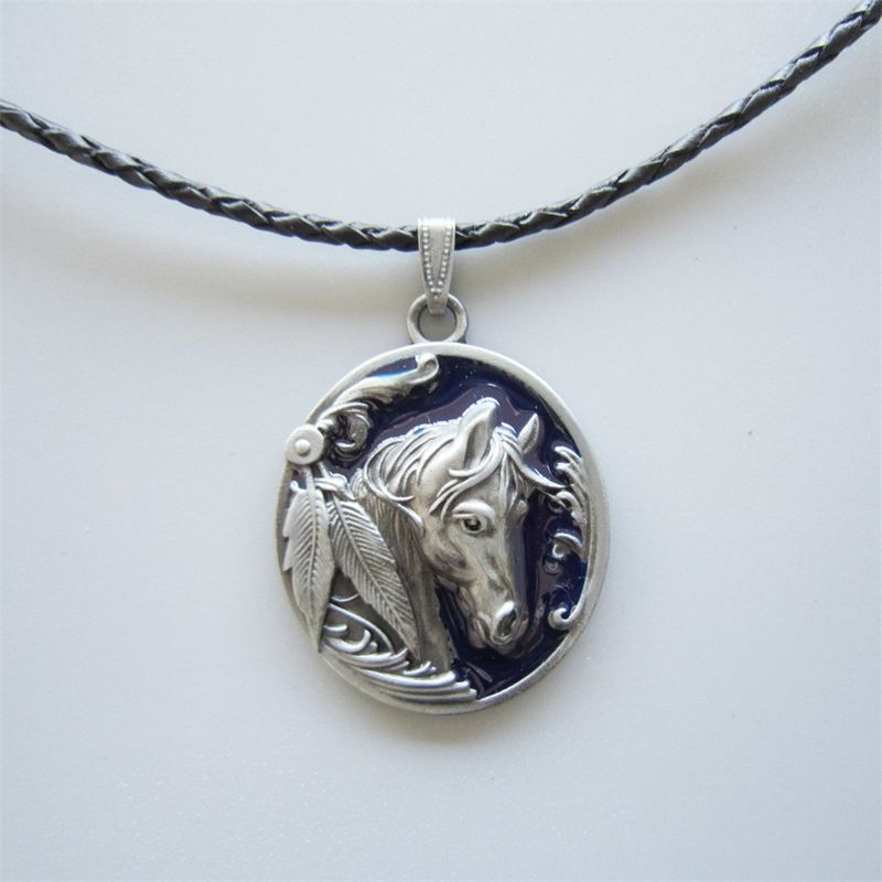 Blue Enamel Western Horse Oval Metal Charm Pendant Leather Necklace NECKLACE-WT057BL