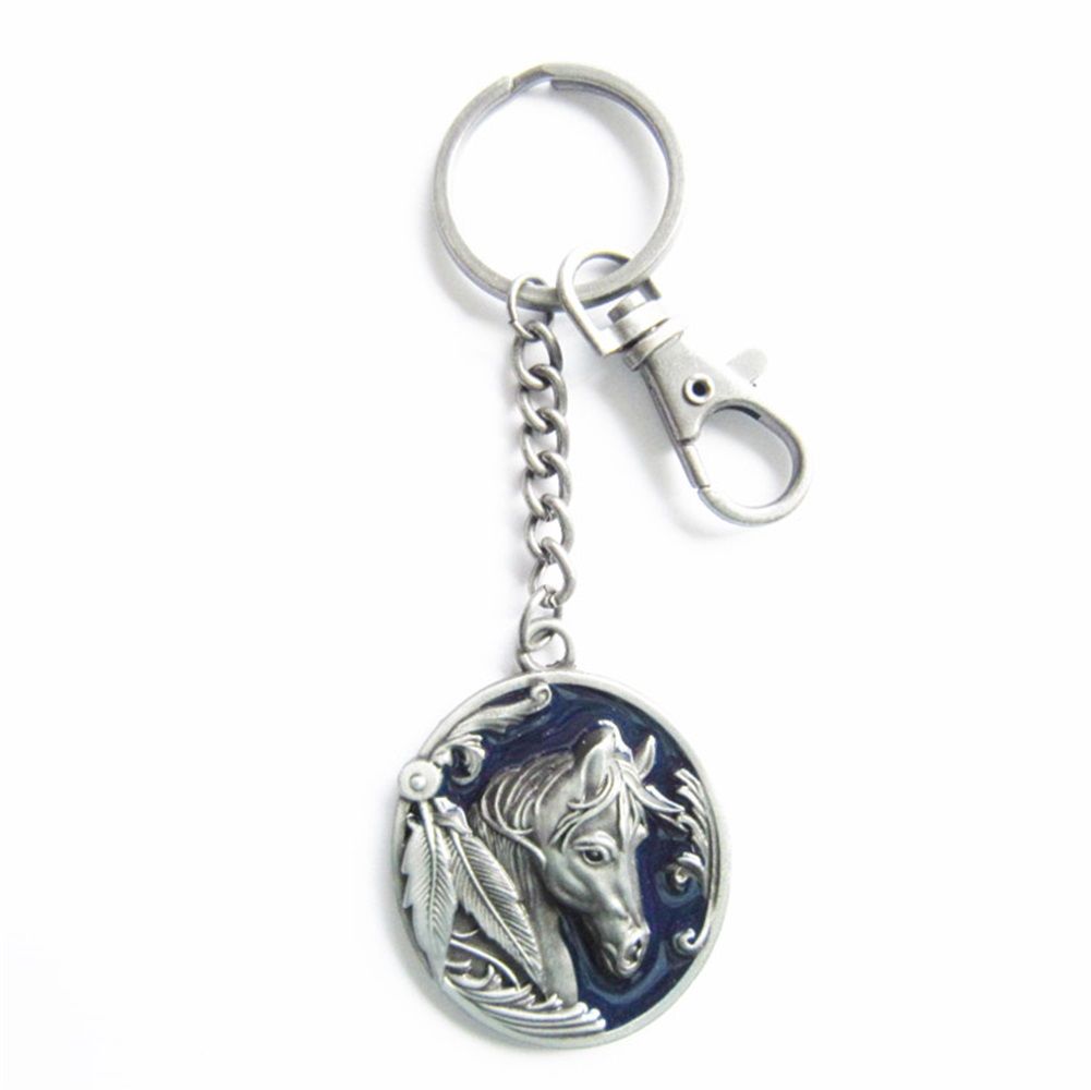 Vintage Blue Enamel Western Horse Metal Pendant Charm Oval Key Ring Key Chain KEYRING-WT057BL