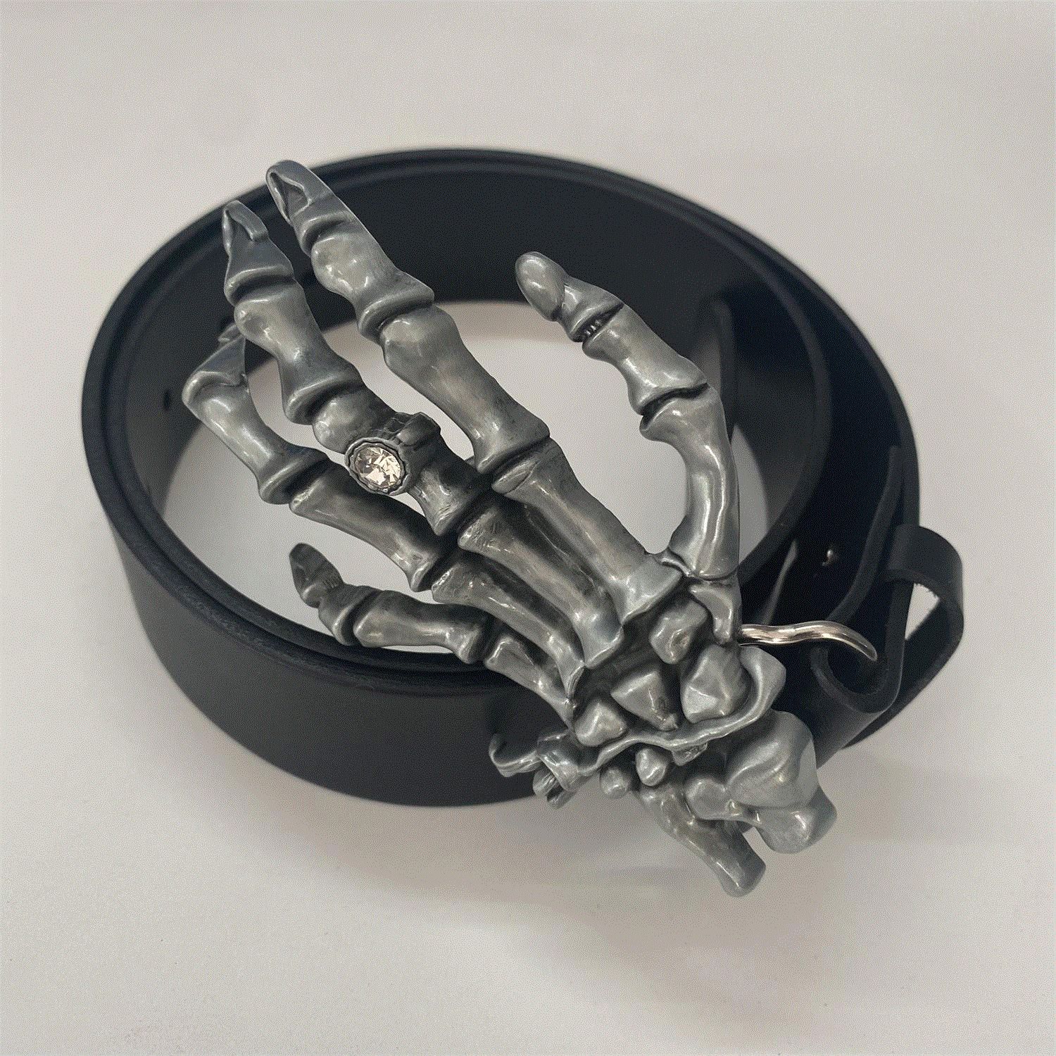 Vintage Style Skull Hand Belt Buckle With Black Genuine Leather Belt