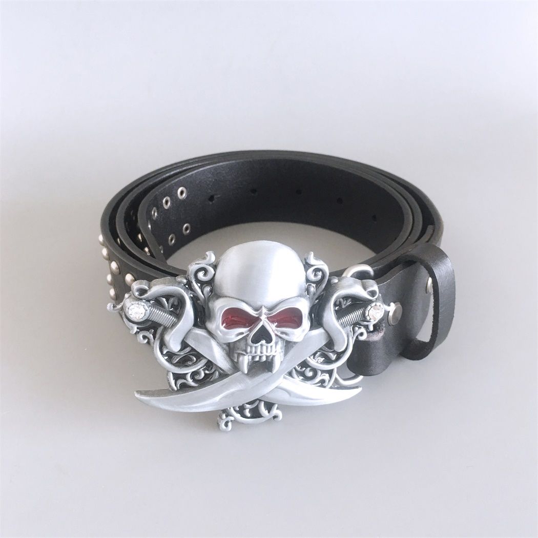 New Gothic Skull Belt Buckle With Black Studded Genuine Leather Belt
