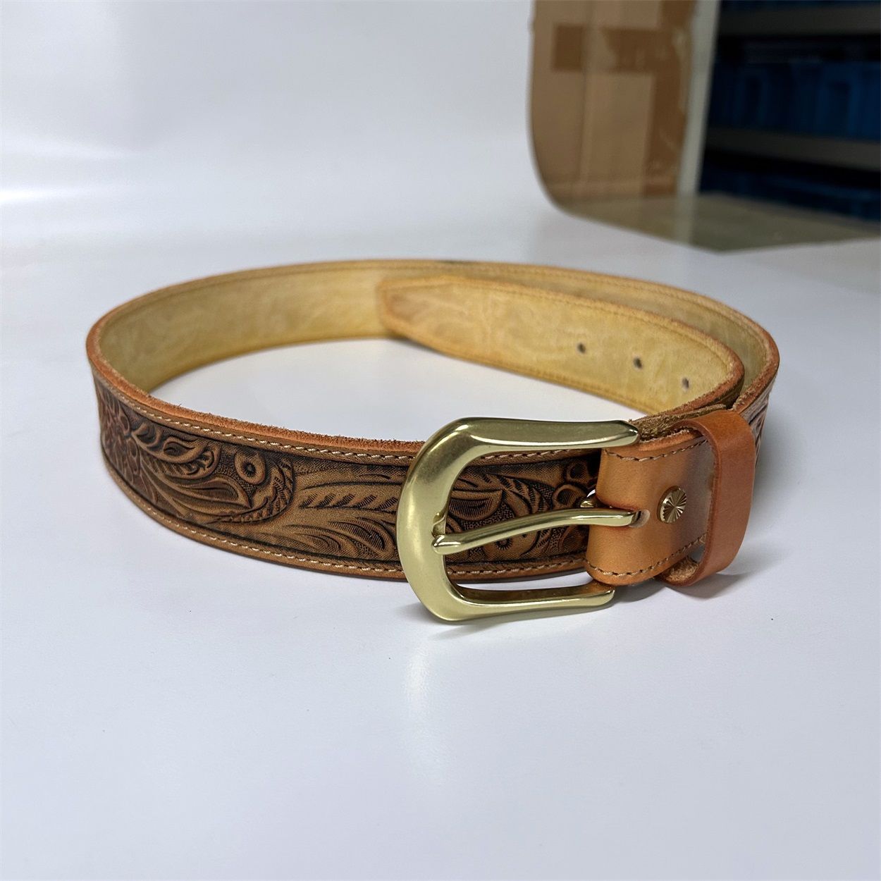 Hand Crafted Western Flowers Solid Genuine Leather Belt With Brass Pin Buckle BELT1-003LW-BS001